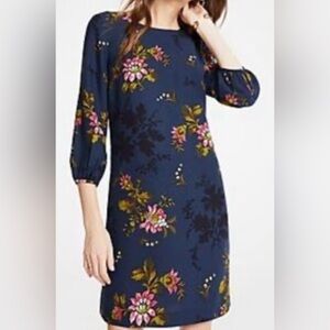 Ann Taylor Navy Dress with Pink and Green Floral Design